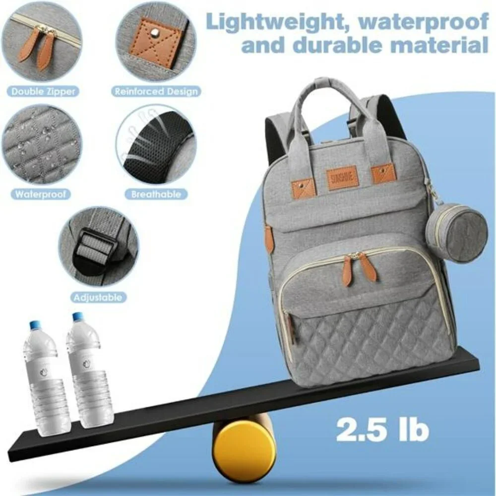 Large diaper bag backpack with changing station waterproof travel baby bag grey